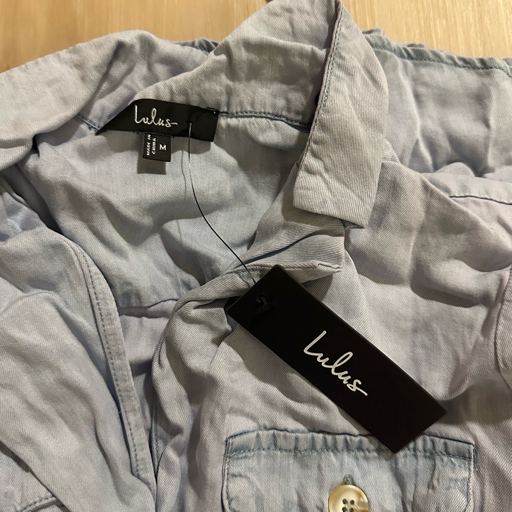LULU’S Pleasant Cutie Blue Chambray Collared Midi Dress With Pockets - Picture 6 of 6